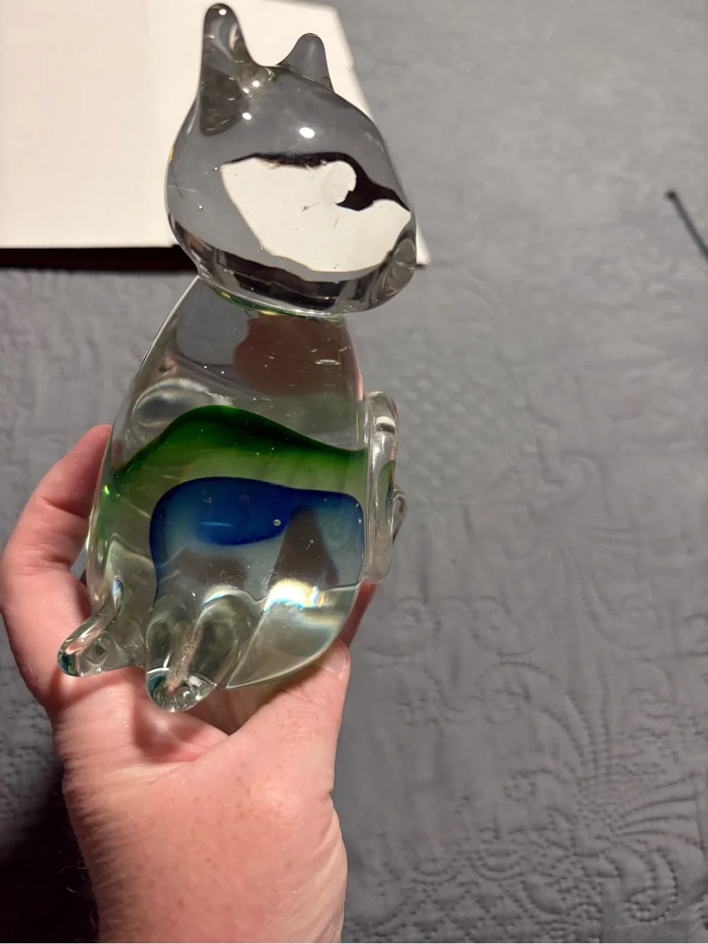 Clear Glass Cat Figurine with Green and Blue Swirl - Brand Unbranded